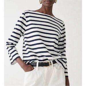 J Crew Classic Striped T-shirt Boatneck Top Ivory White Navy Blue Size Medium